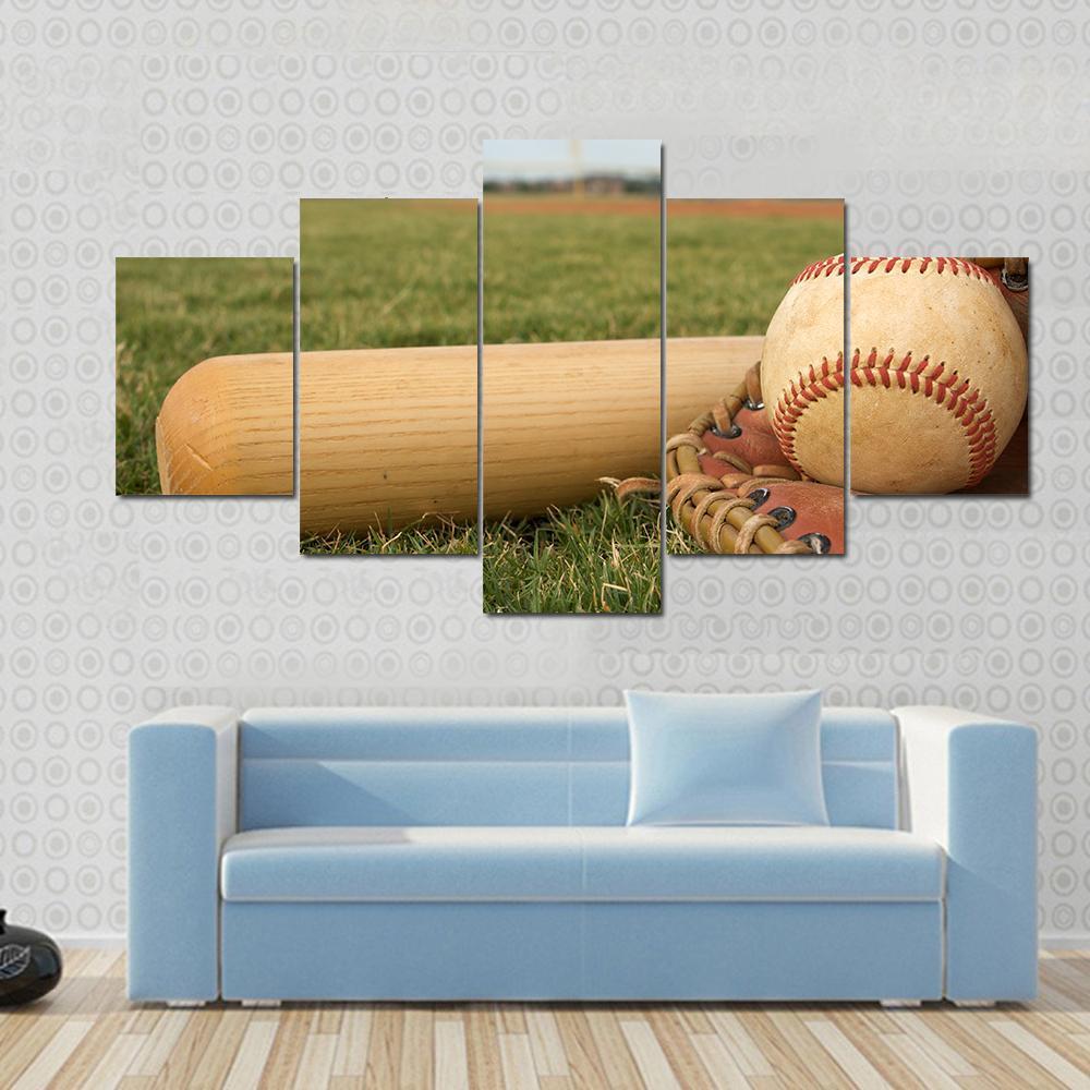 Baseball &amp; Bat On Field Canvas Wall Art-5 Star-Gallery Wrap-62&quot; x 32&quot;-Tiaracle