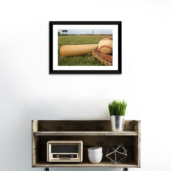 Baseball &amp; Bat On Field Canvas Wall Art-1 Piece-Framed Print-20&quot; x 16&quot;-Tiaracle