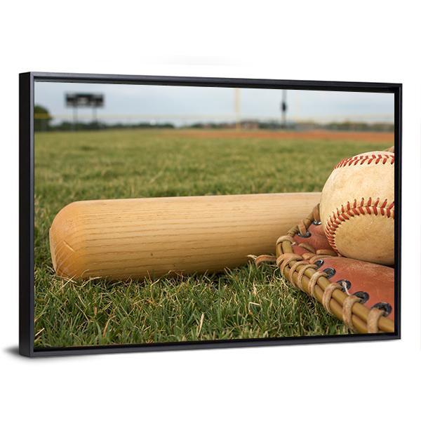 Baseball &amp; Bat On Field Canvas Wall Art-3 Horizontal-Gallery Wrap-25&quot; x 16&quot;-Tiaracle