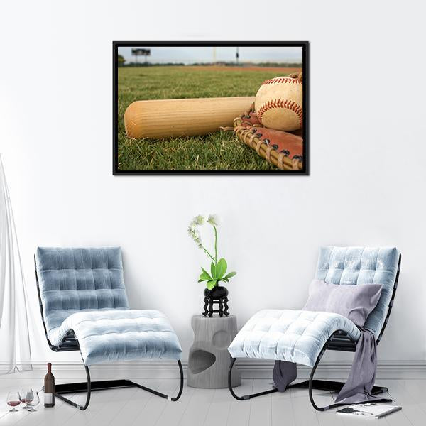Baseball &amp; Bat On Field Canvas Wall Art-3 Horizontal-Gallery Wrap-25&quot; x 16&quot;-Tiaracle