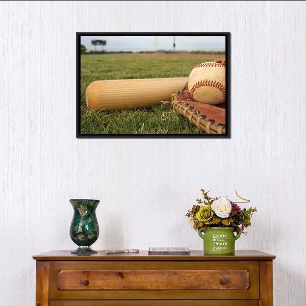 Baseball &amp; Bat On Field Canvas Wall Art-1 Piece-Floating Frame-24&quot; x 16&quot;-Tiaracle
