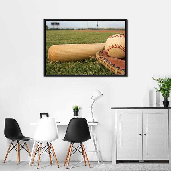 Baseball &amp; Bat On Field Canvas Wall Art-3 Horizontal-Gallery Wrap-25&quot; x 16&quot;-Tiaracle