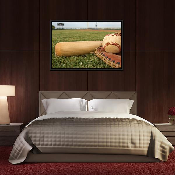 Baseball &amp; Bat On Field Canvas Wall Art-3 Horizontal-Gallery Wrap-25&quot; x 16&quot;-Tiaracle