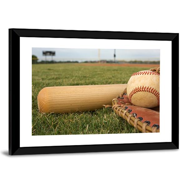 Baseball &amp; Bat On Field Canvas Wall Art-3 Horizontal-Gallery Wrap-25&quot; x 16&quot;-Tiaracle