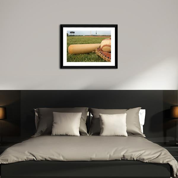 Baseball &amp; Bat On Field Canvas Wall Art-3 Horizontal-Gallery Wrap-25&quot; x 16&quot;-Tiaracle