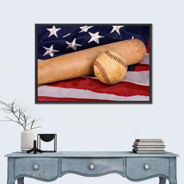 Baseball Bat with American Flag Canvas Wall Art in brown, red and blue, framed canvas, product view on a white background