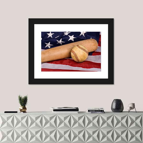 Baseball &amp; Bat With American Flag Canvas Wall Art-1 Piece-Framed Print-20&quot; x 16&quot;-Tiaracle