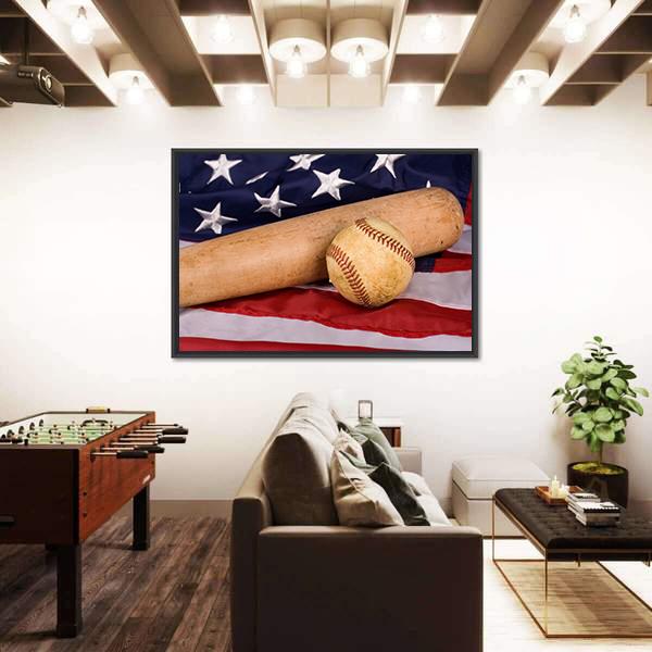 Baseball &amp; Bat With American Flag Canvas Wall Art-3 Horizontal-Gallery Wrap-25&quot; x 16&quot;-Tiaracle