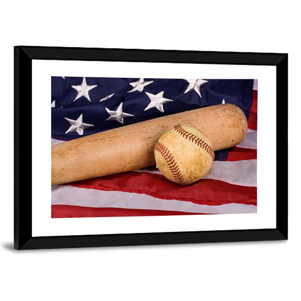 Baseball & Bat With American Flag Canvas Wall Art-5 Horizontal-Gallery Wrap-22" x 12"-Tiaracle