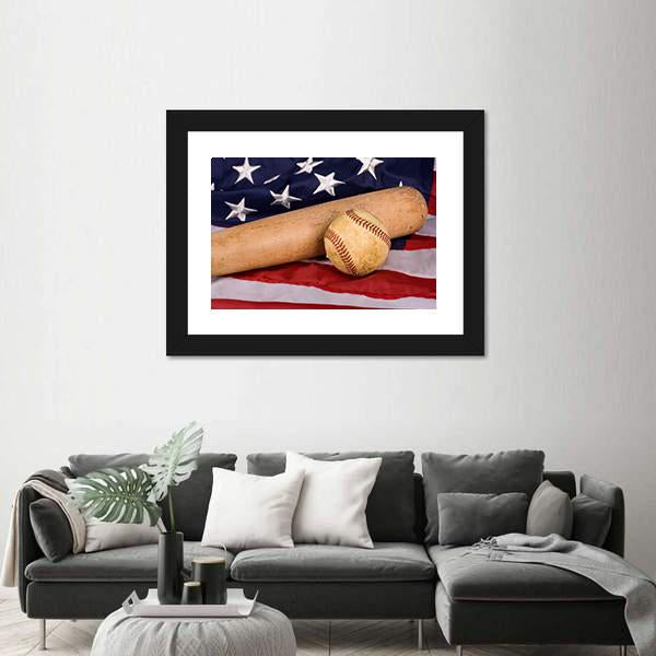 Baseball & Bat With American Flag Canvas Wall Art-5 Horizontal-Gallery Wrap-22" x 12"-Tiaracle