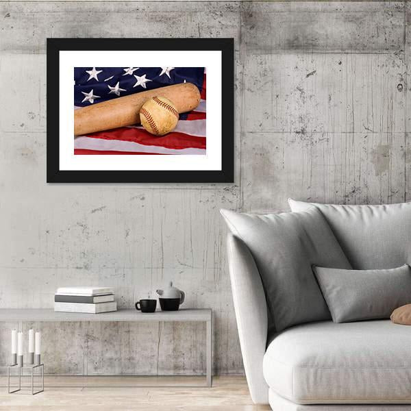 Baseball &amp; Bat With American Flag Canvas Wall Art-3 Horizontal-Gallery Wrap-25&quot; x 16&quot;-Tiaracle