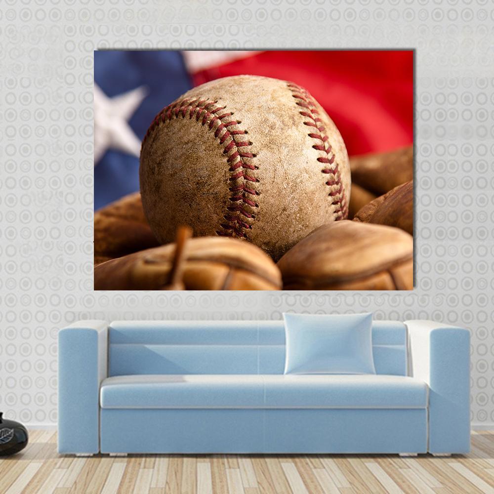 Baseball Glove &amp; US Flag Canvas Wall Art-1 Piece-Gallery Wrap-48&quot; x 32&quot;-Tiaracle