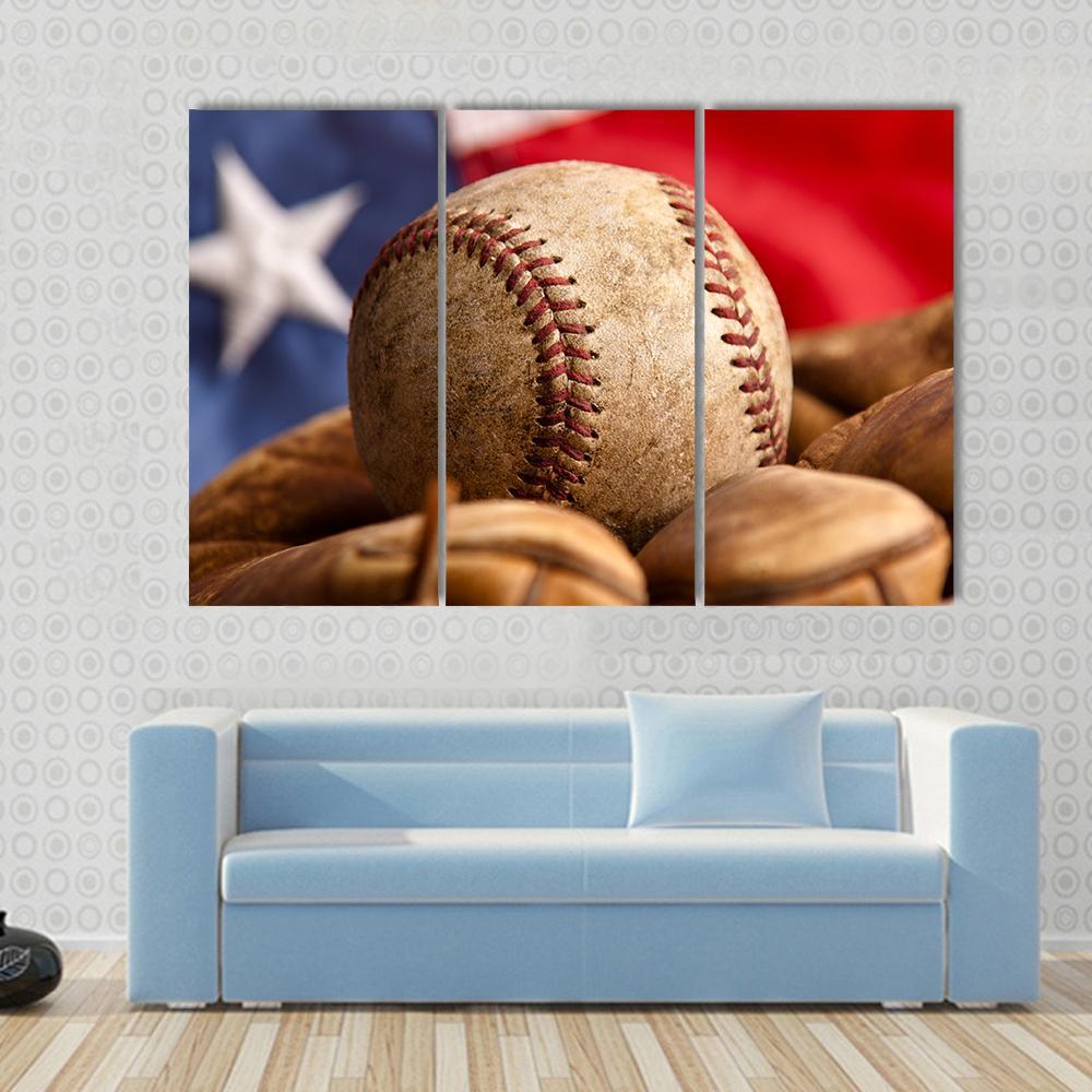 Baseball Glove &amp; US Flag Canvas Wall Art-3 Horizontal-Gallery Wrap-37&quot; x 24&quot;-Tiaracle
