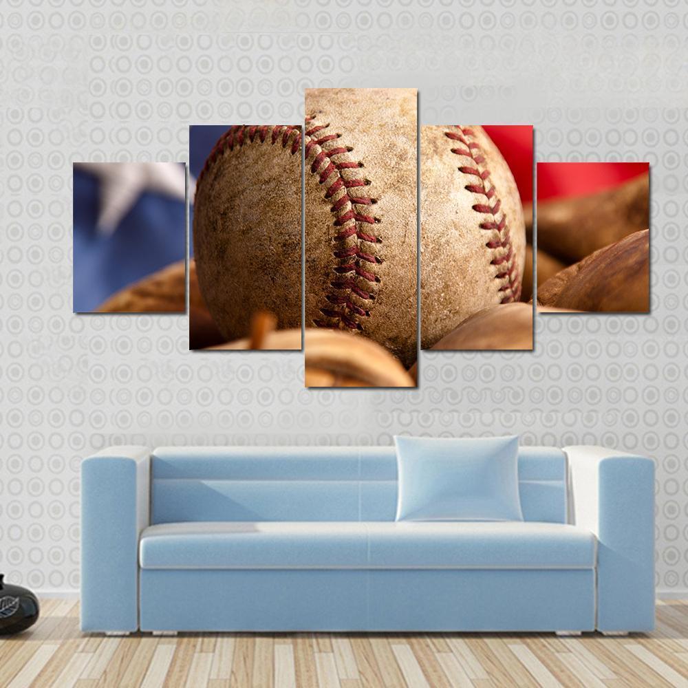 Baseball Glove &amp; US Flag Canvas Wall Art-5 Star-Gallery Wrap-62&quot; x 32&quot;-Tiaracle