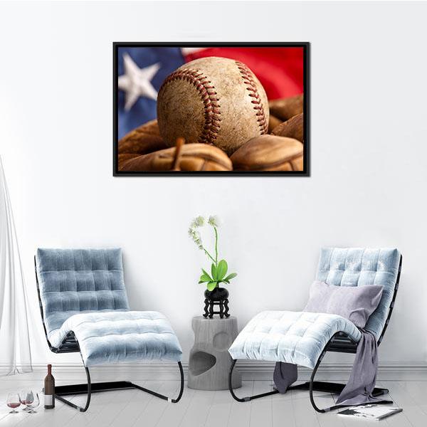 Baseball Glove & US Flag Canvas Wall Art-3 Horizontal-Gallery Wrap-25" x 16"-Tiaracle