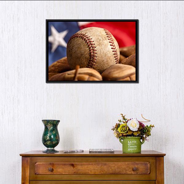Baseball Glove &amp; US Flag Canvas Wall Art-1 Piece-Floating Frame-24&quot; x 16&quot;-Tiaracle