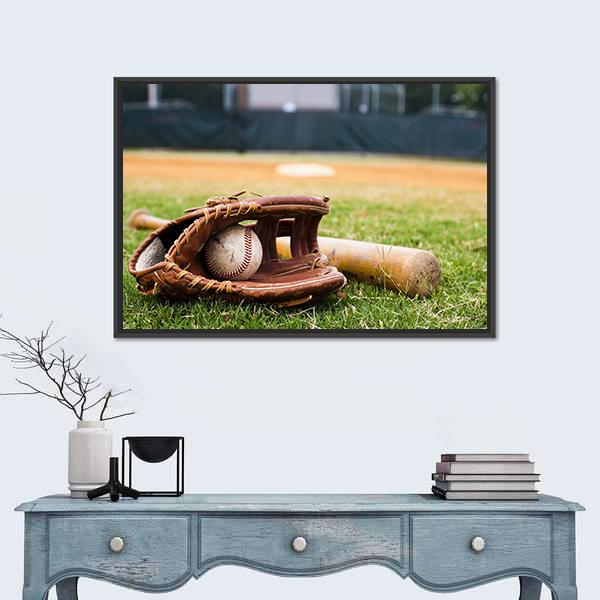 Baseball Glove &amp; Bat Canvas Wall Art-1 Piece-Floating Frame-24&quot; x 16&quot;-Tiaracle
