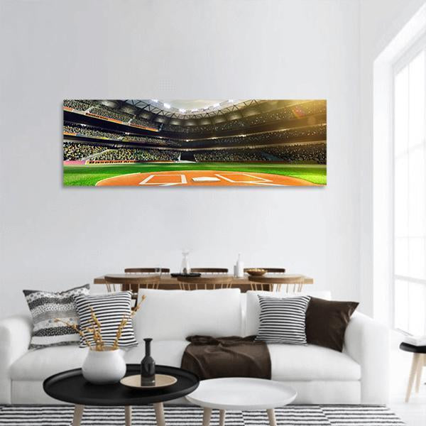 Baseball Stadium Night Game Panoramic Canvas Wall Art in black, orange and green, hung on a wall
