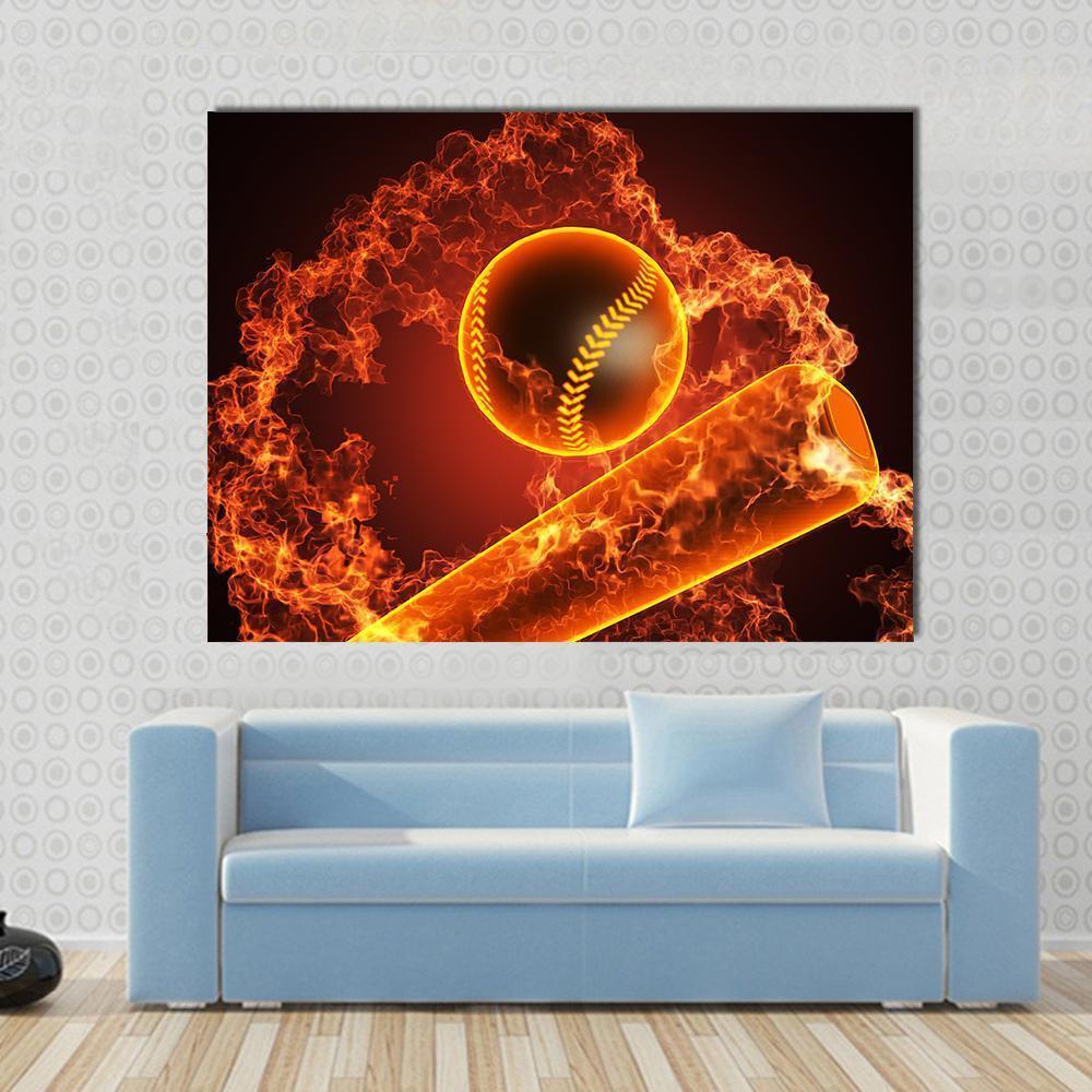 Baseball in Fiery Vortex Canvas Wall Art in black, red and orange, single panel hung on a wall