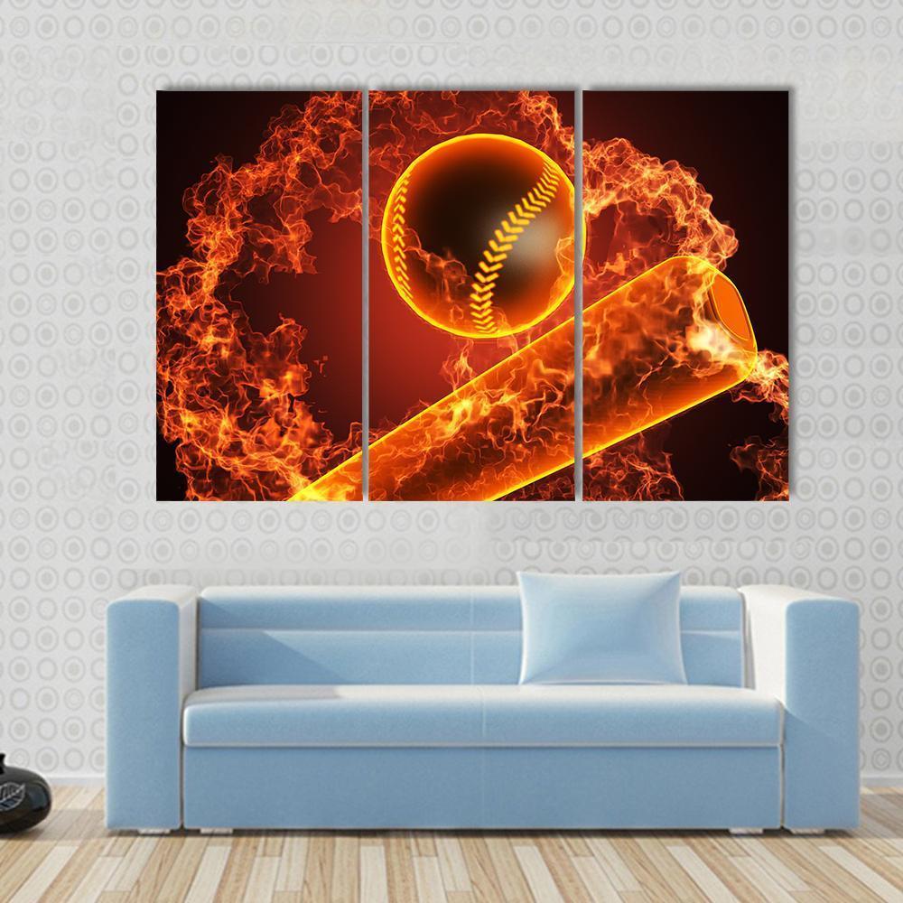 Baseball In Fire Canvas Wall Art-3 Horizontal-Gallery Wrap-37" x 24"-Tiaracle