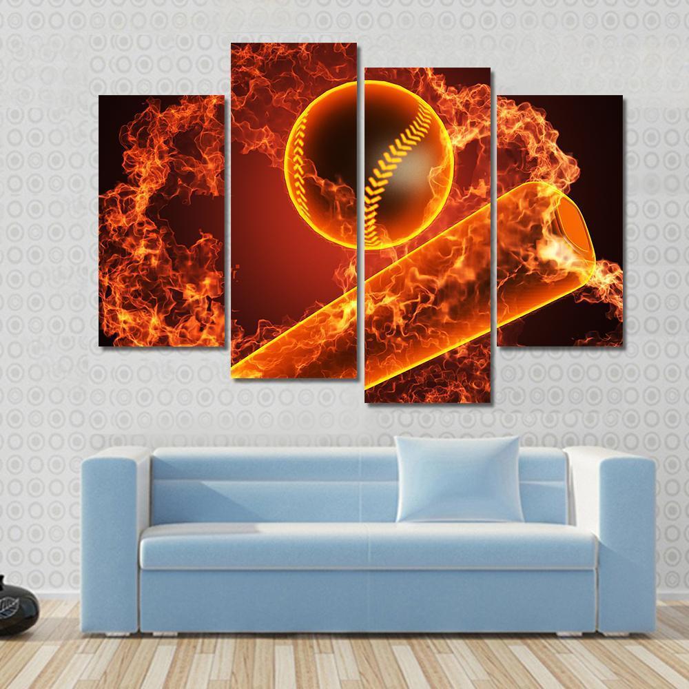 Baseball In Fire Canvas Wall Art-4 Pop-Gallery Wrap-50&quot; x 32&quot;-Tiaracle