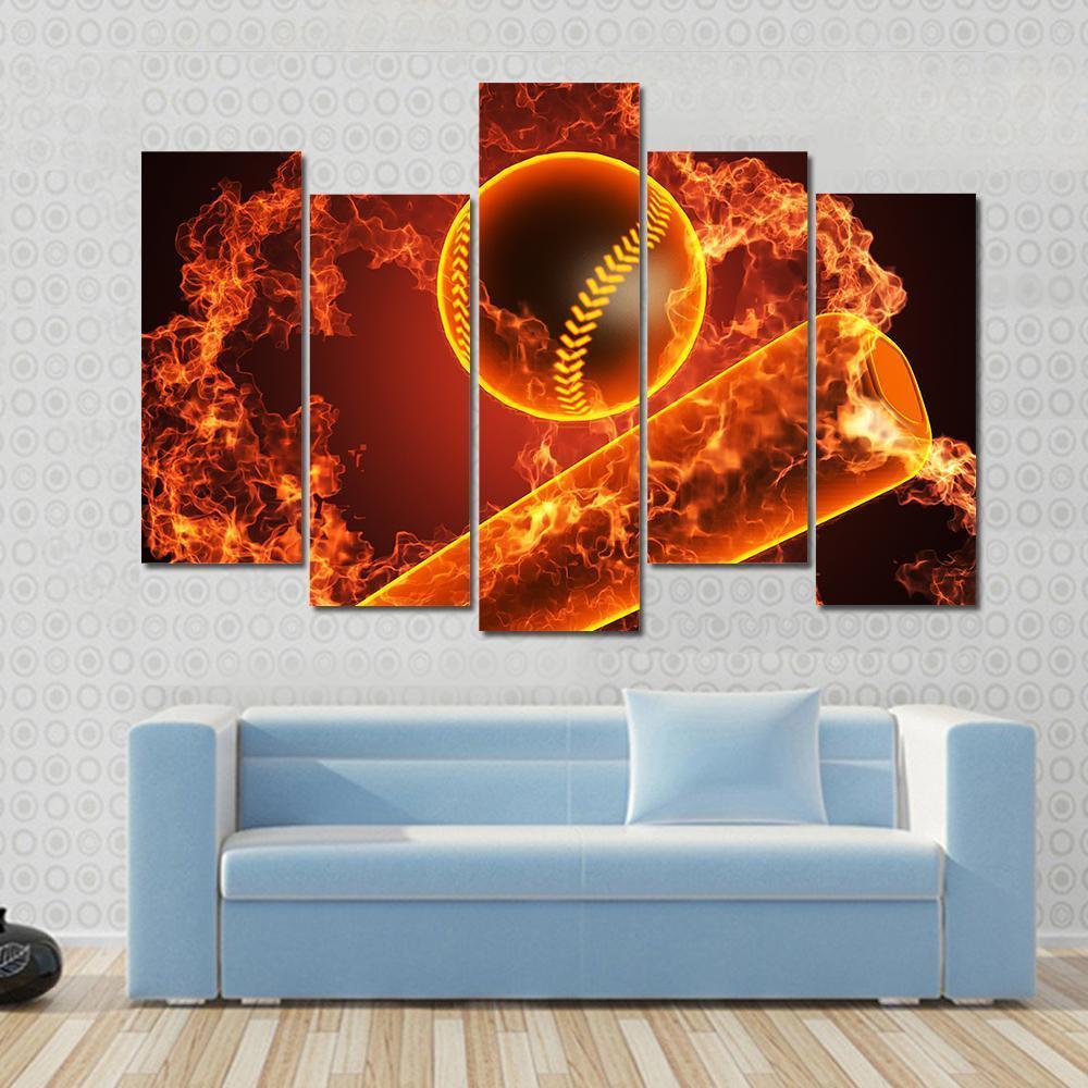 Baseball In Fire Canvas Wall Art-5 Pop-Gallery Wrap-47" x 32"-Tiaracle