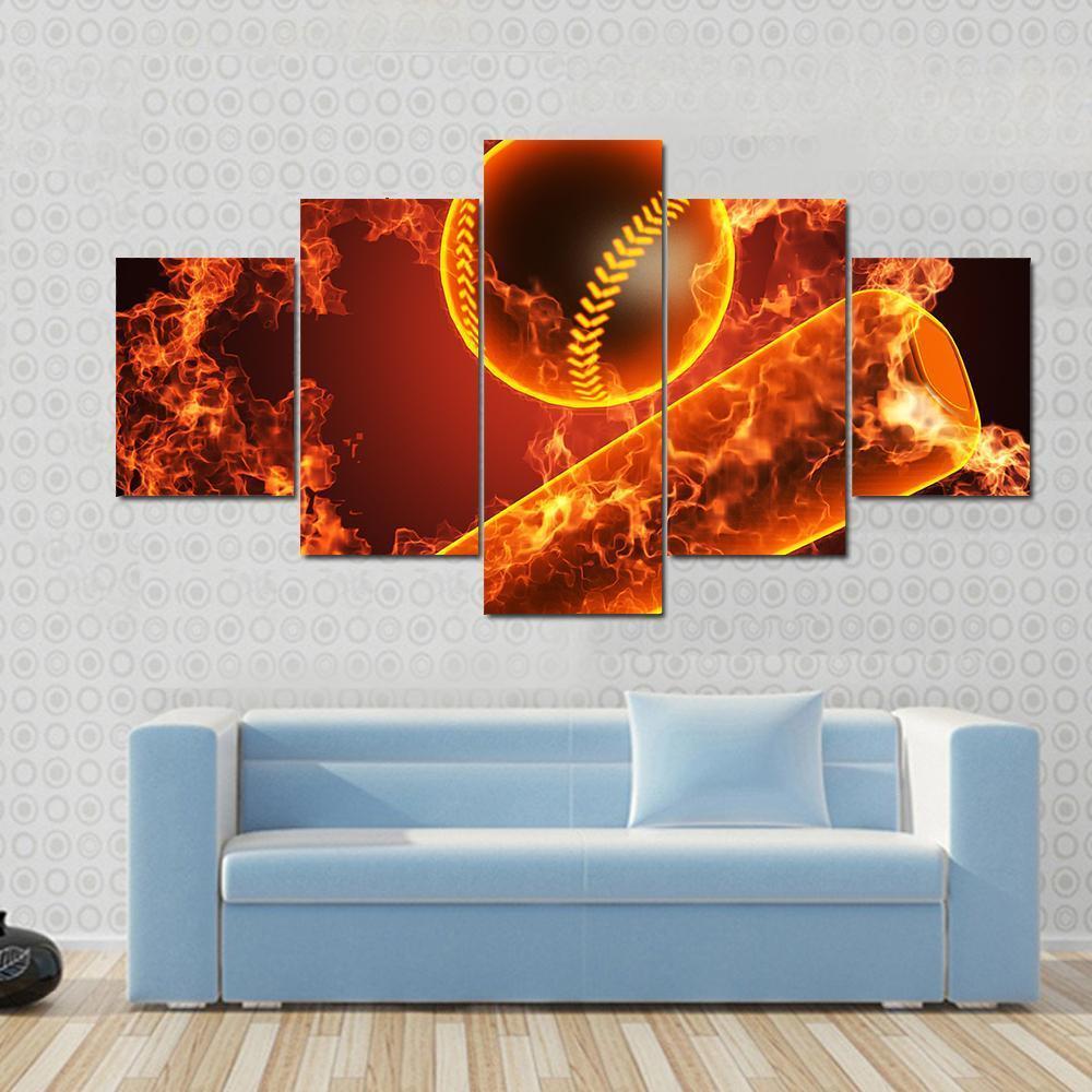 Baseball In Fire Canvas Wall Art-5 Pop-Gallery Wrap-47" x 32"-Tiaracle