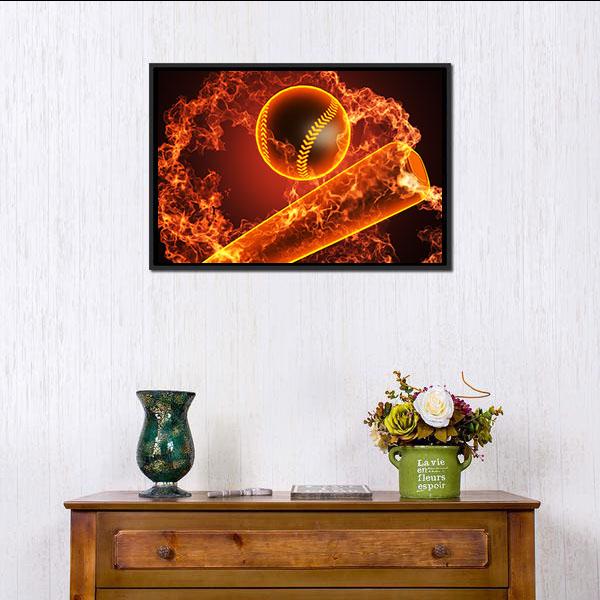 Baseball In Fire Canvas Wall Art-1 Piece-Floating Frame-24" x 16"-Tiaracle