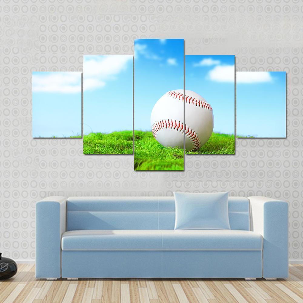Baseball In Green Grass Canvas Wall Art-5 Star-Gallery Wrap-62&quot; x 32&quot;-Tiaracle