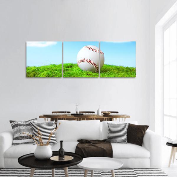 Baseball In Green Grass Panoramic Canvas Wall Art-3 Piece-25" x 08"-Tiaracle