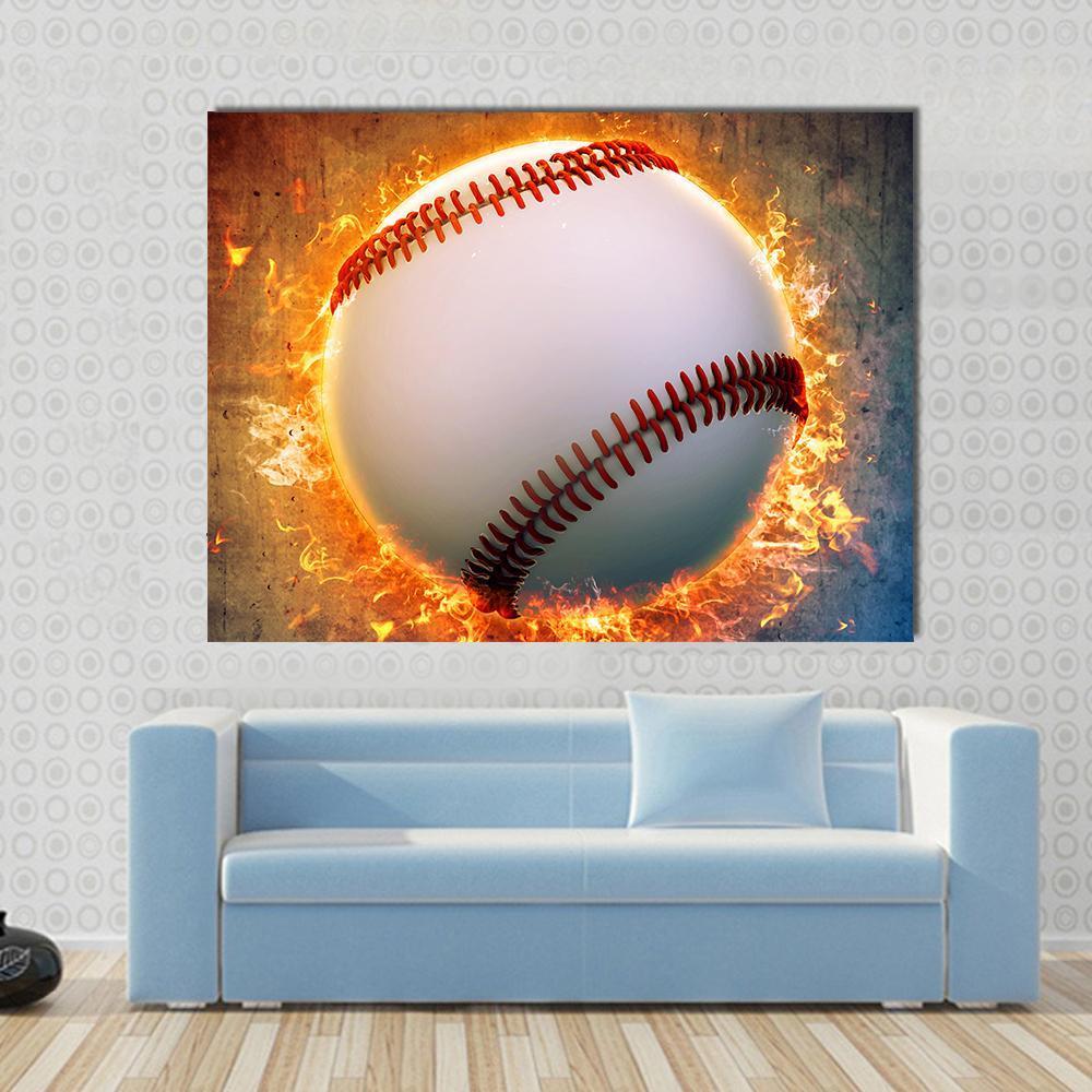 Fiery Baseball Close-up Canvas Wall Art in white, red and orange, single panel hung on a wall