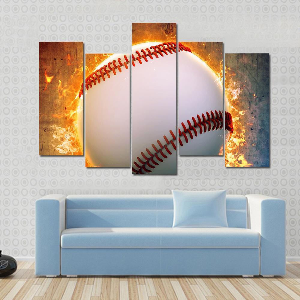 Baseball On A Fire Canvas Wall Art-5 Pop-Gallery Wrap-47&quot; x 32&quot;-Tiaracle
