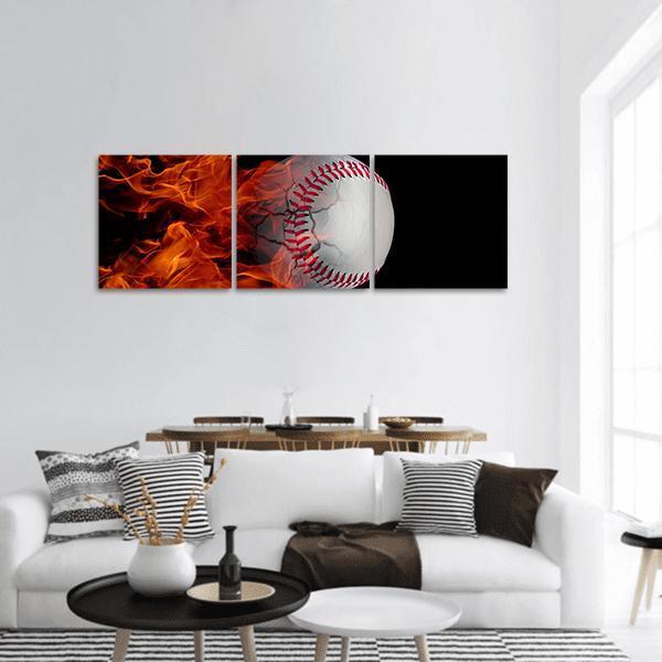 Cracked Baseball On Fire Panoramic Canvas Wall Art-3 Piece-25" x 08"-Tiaracle