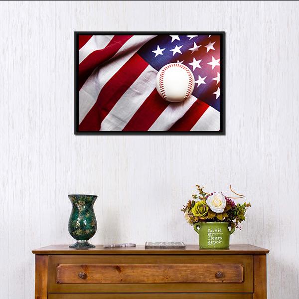 Baseball On American Flag Canvas Wall Art-1 Piece-Floating Frame-24&quot; x 16&quot;-Tiaracle