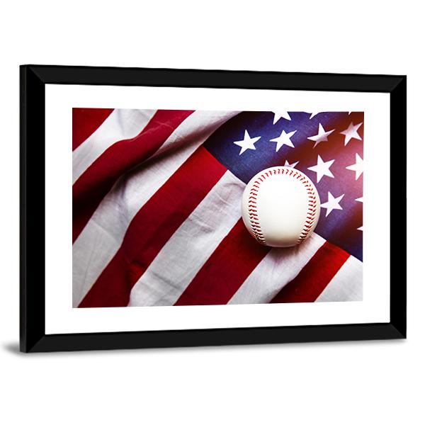 Baseball On American Flag Canvas Wall Art-5 Horizontal-Gallery Wrap-22" x 12"-Tiaracle