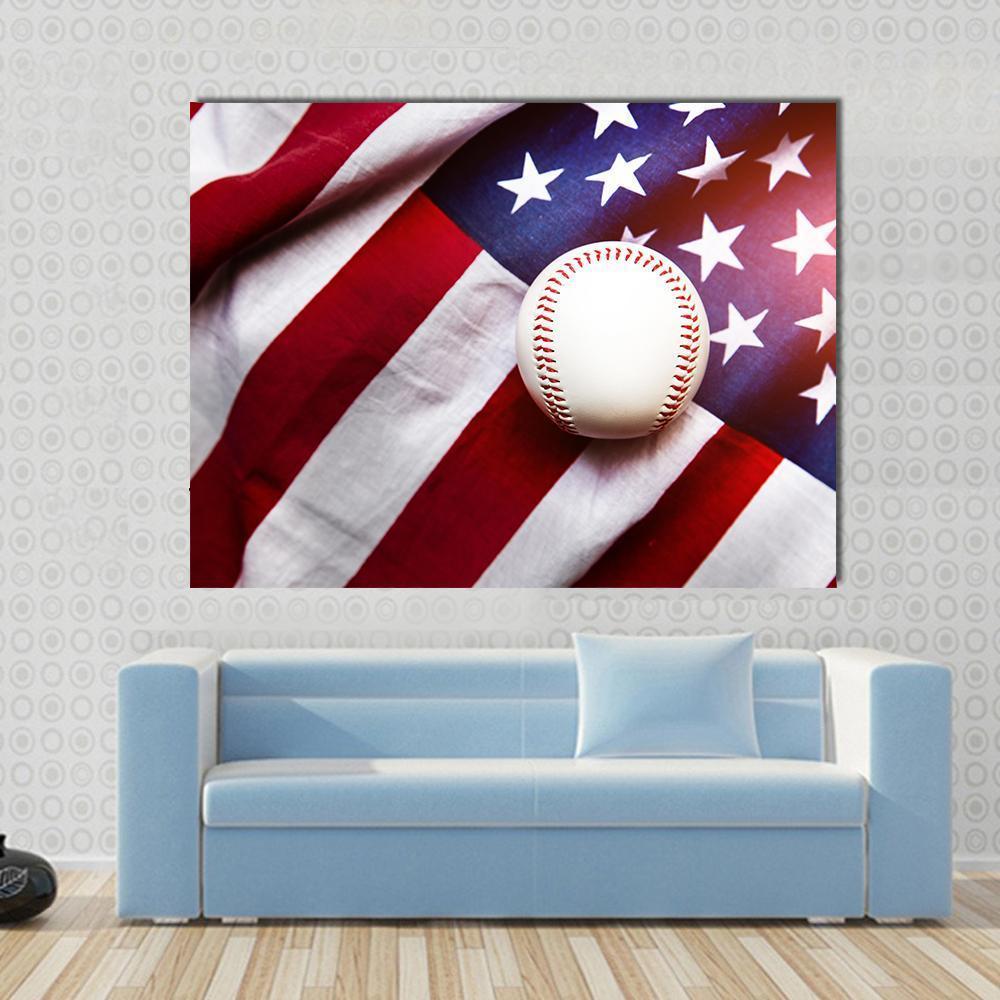 Baseball on American Flag Canvas Wall Art in white, red and blue, single panel hung on a wall