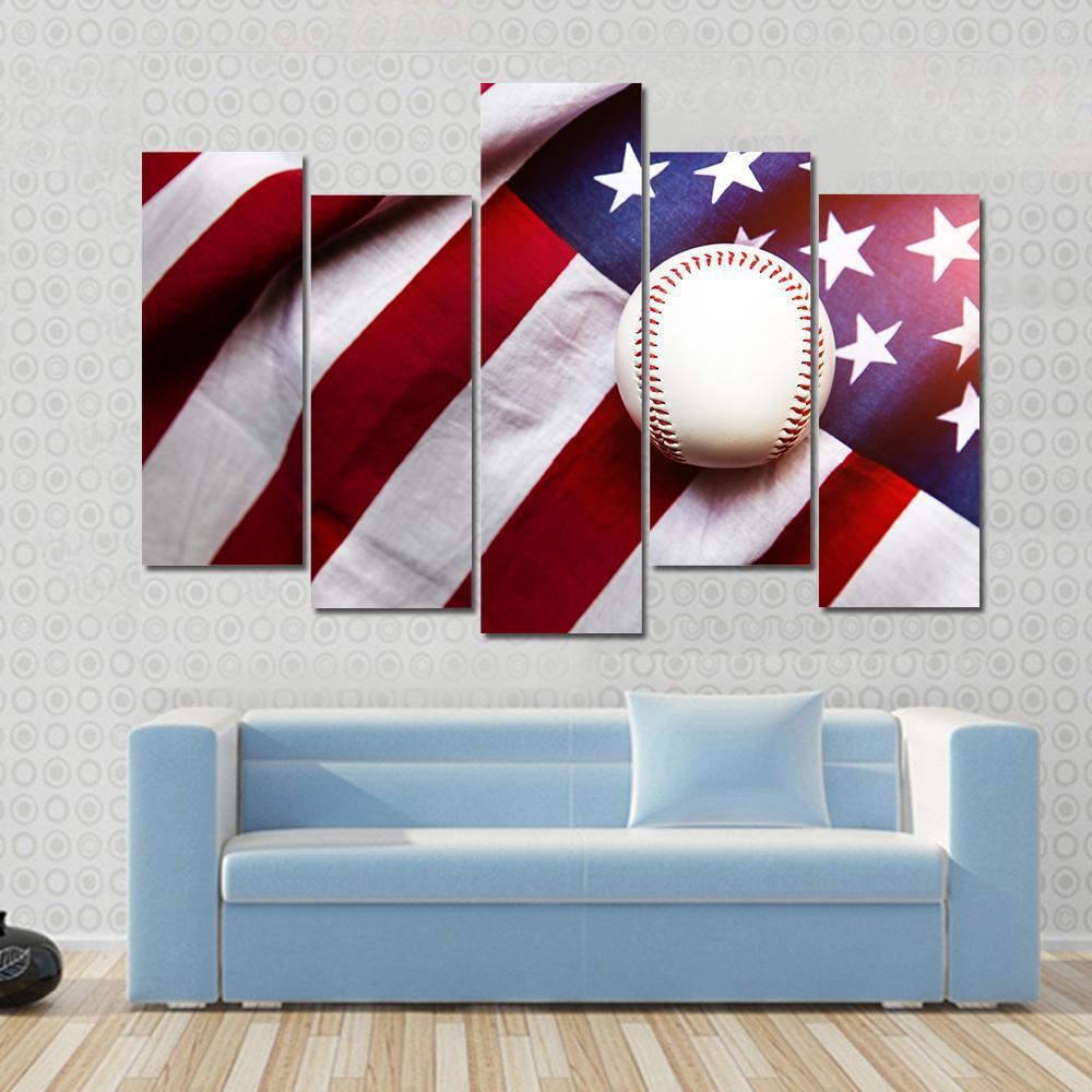 Baseball On American Flag Canvas Wall Art-5 Pop-Gallery Wrap-47&quot; x 32&quot;-Tiaracle