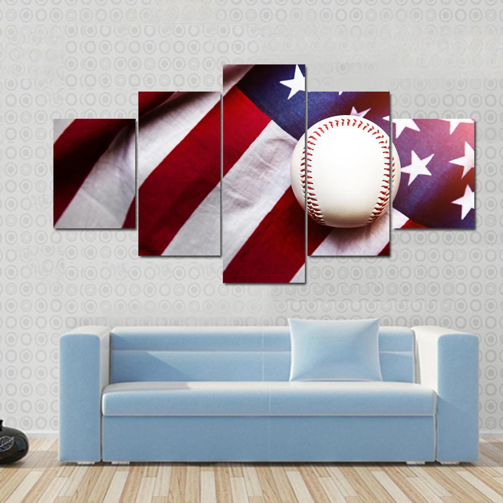 Baseball On American Flag Canvas Wall Art-5 Star-Gallery Wrap-62&quot; x 32&quot;-Tiaracle