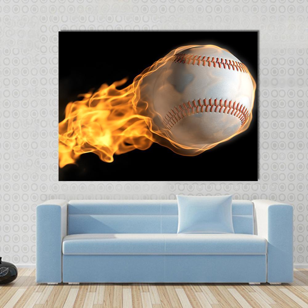 Baseball on Fire Canvas Wall Art in black, orange and yellow, single panel hung on a wall
