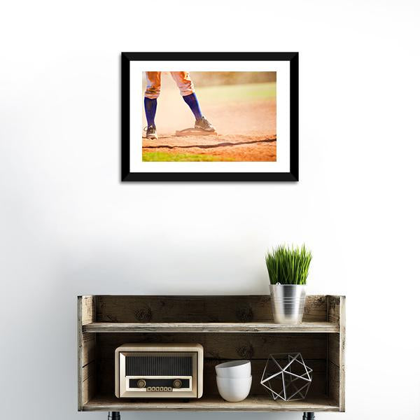 Baseball Player On Baseball Base Canvas Wall Art-1 Piece-Framed Print-20&quot; x 16&quot;-Tiaracle
