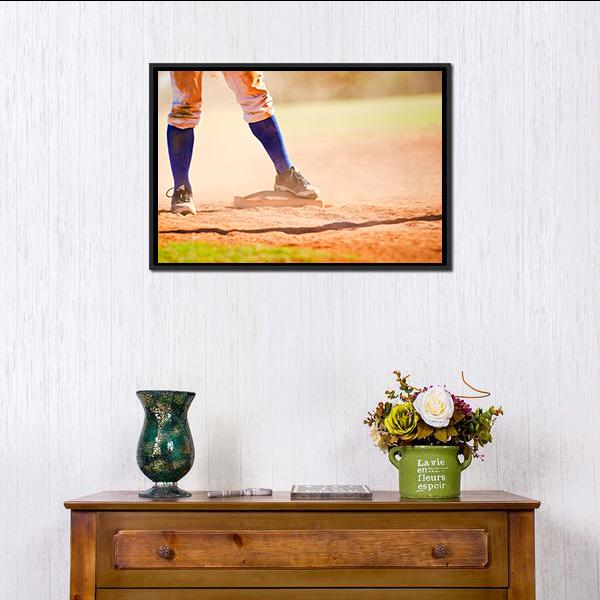 Baseball Player On Baseball Base Canvas Wall Art-1 Piece-Floating Frame-24" x 16"-Tiaracle