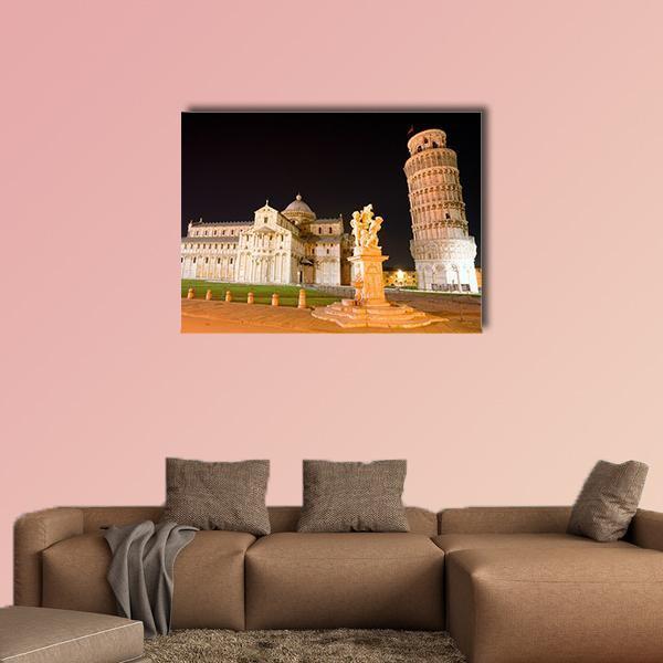 Pisa Plaza with Leaning Tower at Night Canvas Wall Art in black, beige and yellow, single panel hung on a wall