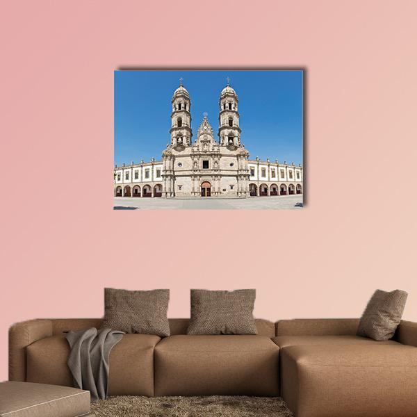 Basilica De Zapopan Facade Canvas Wall Art in gray, beige and blue, single panel hung on a wall