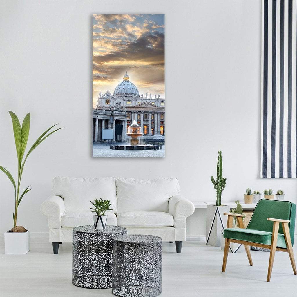 Basilica Di San Pietro, Vatican City Vertical Canvas Wall Art in gray, yellow and blue, single vertical panel hung on a wall