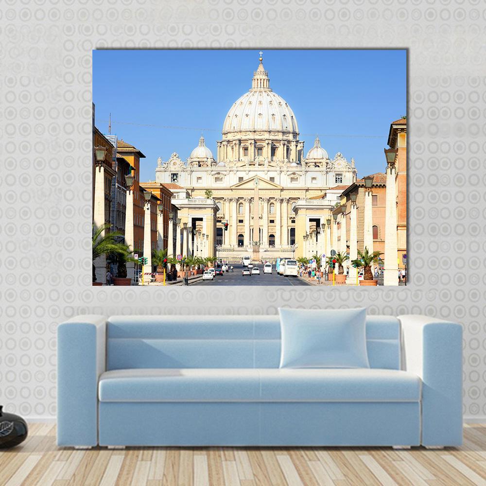 Basilica Di San Pietro Canvas Wall Art in beige, yellow and blue, single panel hung on a wall