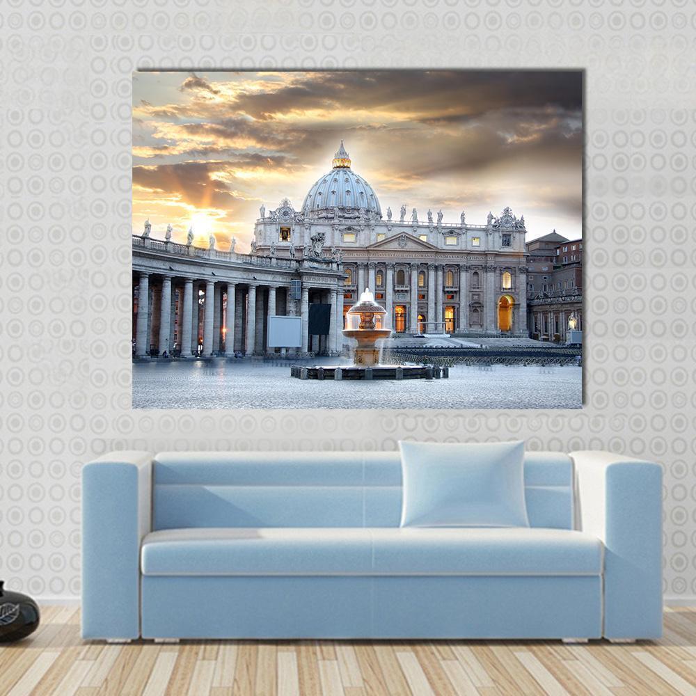 Basilica Di San Pietro Italy Canvas Wall Art in gray, beige and yellow, single panel hung on a wall