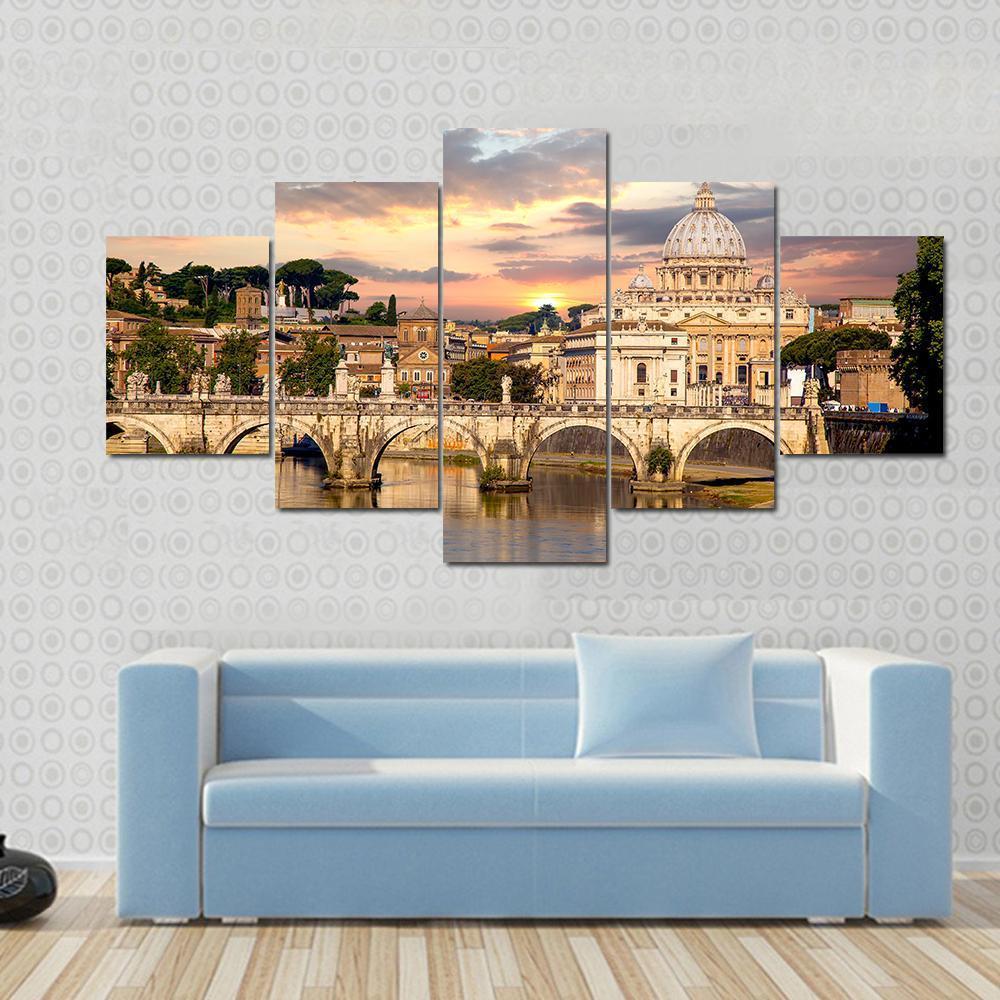 Basilica Di San Pietro With Bridge Canvas Wall Art-5 Star-Gallery Wrap-62" x 32"-Tiaracle