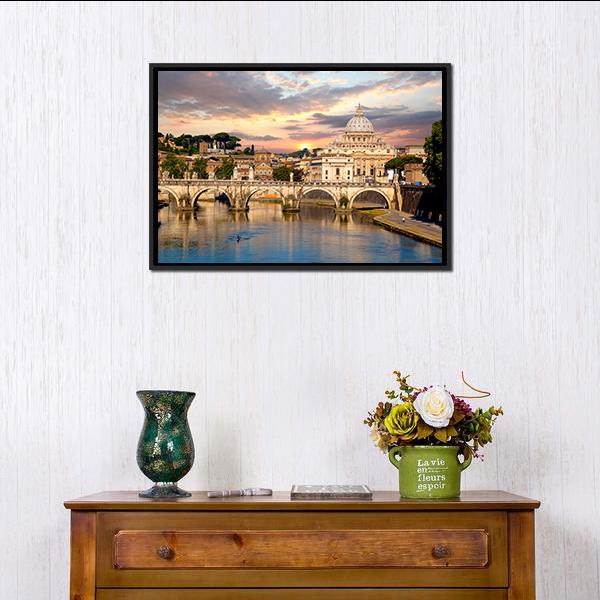 Basilica Di San Pietro With Bridge Canvas Wall Art-1 Piece-Floating Frame-24" x 16"-Tiaracle