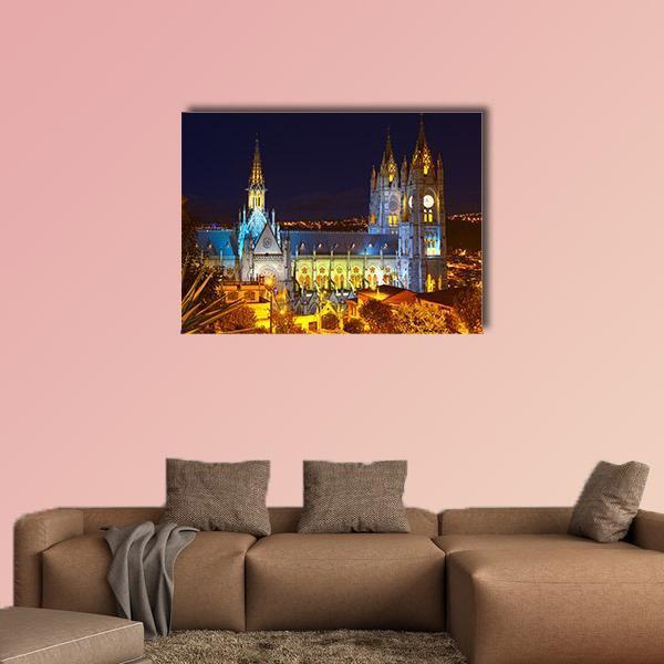 Basilica of National Vote at Night Canvas Wall Art in black, yellow and blue, single panel hung on a wall