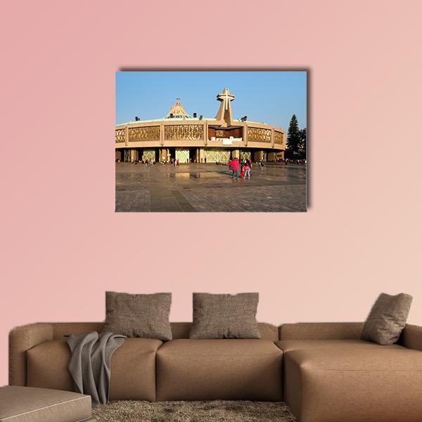 Basilica of Our Lady of Guadalupe Canvas Wall Art in beige, gold and blue, single panel hung on a wall